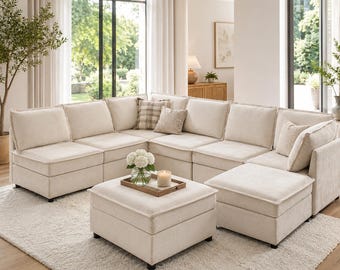 Oversized Beige Chenille Modular Sectional Sofa, 8 Seater U-Shape Couch with Storage