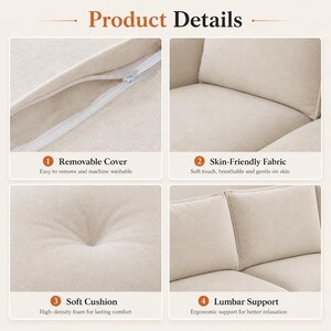 May include: A beige sofa featuring four product details: a removable cover with a white zipper, a textured skin-friendly fabric, a soft tufted cushion with a central button, and back cushions designed to provide lumbar support for the seating area.