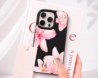 Pink Lily Flower Lychee Texture Phone Case – Soft Floral iPhone Cover
