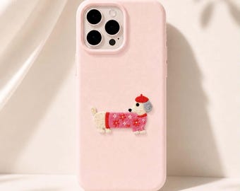 Haftowany pokrowiec na telefon z motywem szczeniaka: pastelowa skóra PU na iPhone'a – zabawny wzór jamnika