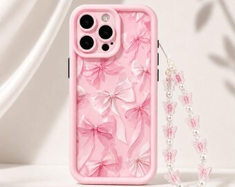 Etui na telefon z różowym wzorem kokardy i zawieszką w kształcie motyla (kompatybilne z iPhone'em)