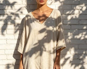 Túnica extragrande de lino y viscosa con escote en V, tejido slub, estilo bohemio para estar en casa.