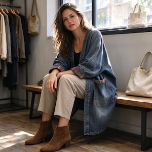 May include: A long-sleeved denim duster coat featuring a medium blue wash, an open front, and plaid-patterned fabric accents on the sleeve cuffs and pocket openings. The garment is paired with beige trousers and brown suede ankle boots.