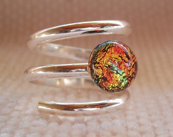 Choice of Sterling Silver spiral rings, dichroic glass cabochon