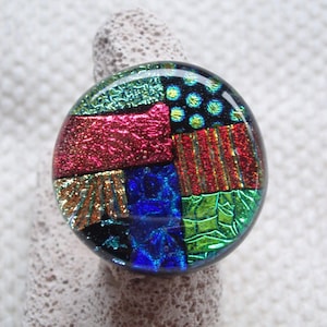Sterling silver ring with dichroic glass round cabochon