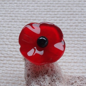 Glass poppy adjustable sterling silver ring