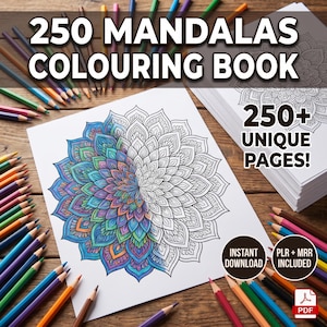 May include: A 250 Mandalas Colouring Book with 250+ unique pages, featuring a partially colored mandala design in blue, purple, and green hues on white paper, surrounded by numerous colored pencils and a PDF icon for instant download.