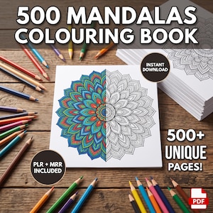 May include: A 500 Mandalas Colouring Book featuring a square page with a mandala design that is half-colored in vibrant blue, green, and red tones and half-outlined in black. The image includes colored pencils and text stating 500+ Unique Pages.