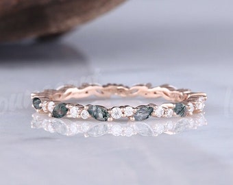 Full Eternity Wedding Band Unique Marquise Moss Agate Round Cut Moissanite Stacking Band Rose Gold Women Promise Ring Anniversary Gift