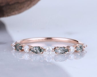 Moss Agate Ring Half Eternity Unique Wedding Band Round Moissnaite Band Rose Gold Women Promise Ring Green Gemstone Ring Handmade Jewelry