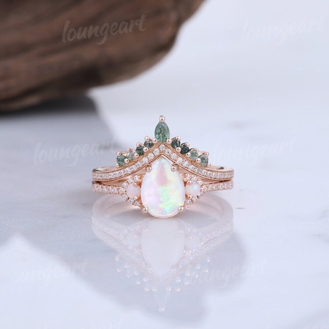 Opal Engagement Ring Set Pear Natural White Opal Ring - Etsy