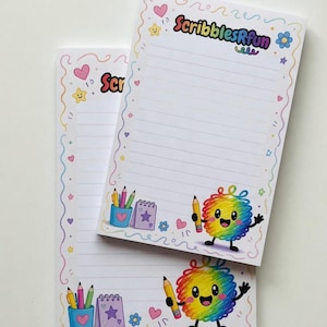 May include: Two white rectangular notepads with horizontal lines. The top features the text ScribblesRfun in colorful letters. The border has wavy lines, hearts, and stars. A rainbow-colored scribble character holds a yellow pencil.