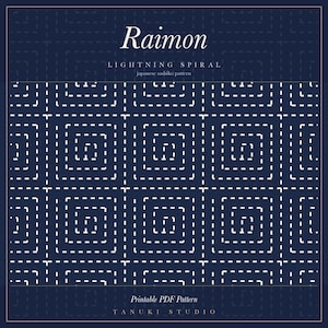 Op de afbeelding: Een donkerblauw printbaar PDF-patroon getiteld Raimon Lightning Spiral Japanese sashiko pattern van Tanuki Studio. Het ontwerp toont een herhalend raster van witte stippellijnen die vierkante spiraalmotieven vormen over het oppervlak.
