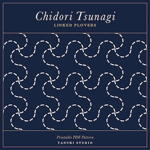 May include: A printable PDF pattern titled Chidori Tsunagi Linked Plovers by Tanuki Studio. The design features a dark navy blue background with a repeating white dashed line pattern forming interconnected, curved, wave-like shapes across the center.