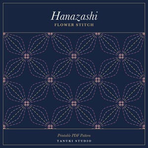 May include: A digital graphic featuring the text Hanazashi FLOWER STITCH at the top and Printable PDF Pattern TANUKI STUDIO at the bottom. The center displays a repeating geometric pattern of pink and yellow dashed lines on a dark blue background.
