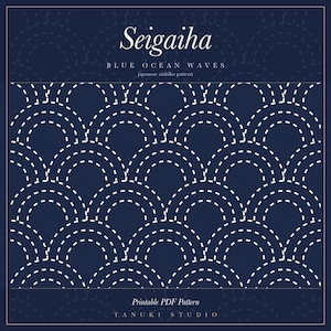 May include: A printable PDF pattern featuring the Seigaiha blue ocean waves Japanese sashiko pattern. The design displays white dashed semicircular arcs arranged in a repeating wave motif against a dark navy blue background with Tanuki Studio text.