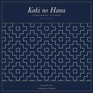 May include: A digital graphic featuring the Kaki no Hana Persimmon Flower Japanese sashiko pattern. The design displays a repeating geometric motif of white dashed lines on a dark navy blue background. Text includes Kaki no Hana, Persimmon Flower, Japanese sashiko pattern, Printable PDF Pattern, and TANUKI STUDIO.