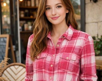 Pink Plaid Button Up Women’s Casual Flannel Shirt