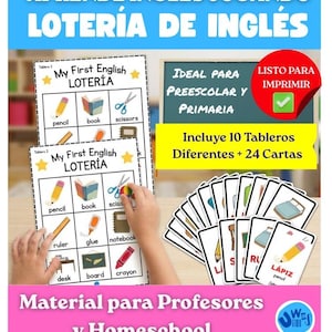 May include: Educational English language learning game set featuring printed bingo-style boards titled My First English LOTERIA with illustrations of school supplies like pencils, books, and scissors, alongside a deck of matching vocabulary cards.