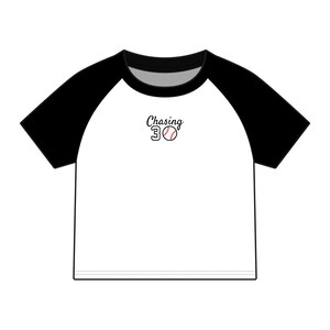 May include: A white short-sleeve raglan t-shirt with black sleeves and a black crew neckline. The center of the chest features the black text "Chasing" above the number "30" and a red-stitched white baseball graphic.