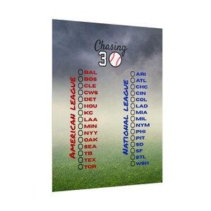 Chasing 30 Poster 16x20 MLB Baseball Ballpark Checklist
