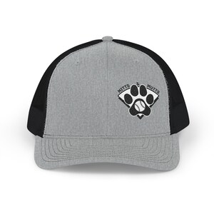 May include: A heather gray baseball cap with a black mesh back and a structured front panel. The front features an embroidered black and white logo of a paw print inside a baseball diamond shape with the text MITTS & MUTTS arched above it.