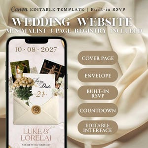 Canva Wedding Website Template, Lux Cream and Gold Save the Date, Interactive Envelope RSVP, 3-Page Digital Instant Download