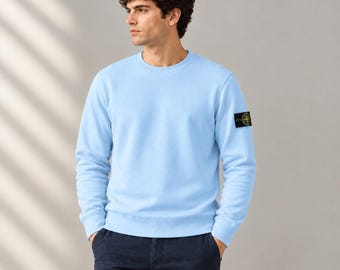 Felpa girocollo Stone Island color azzurro cielo, nuova e autentica, da uomo.