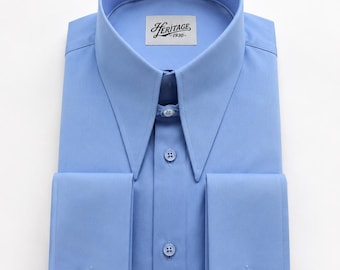 Spear Point men's sky blue cotton shirt, long collar in 1930s style, British dress shirt