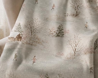 May include: A soft throw blanket featuring a winter landscape print with snow-covered trees, small houses, and figures ice skating. The blanket has a light blue and cream color palette with a textured, plush white fleece lining on the reverse side.