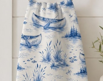 Blue Canoe Face Towel, Lake Life Washcloth, Blue and White Toile Towel, Lake House Bathroom Decor, Cottage Guest Bath Gift