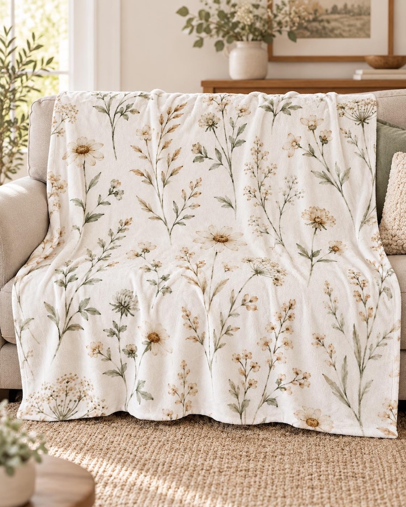 Field Sage and Cream plush blanket draped over a neutral sofa in a softly lit living room, featuring an airy botanical floral pattern in muted sage, cream, and warm beige tones.