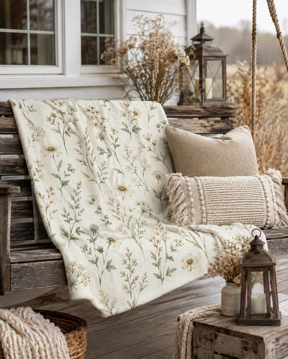 Field Sage and Cream Wildflower Blanket | Country Farmhouse Throw