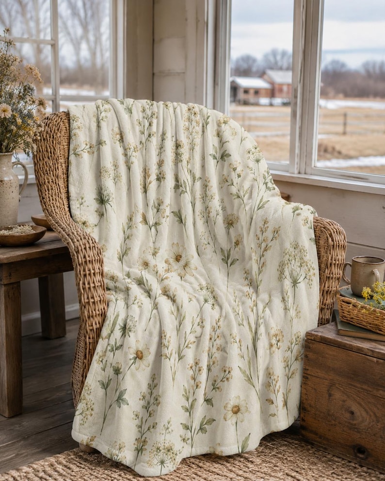 Porch:
Sage and cream floral blanket draped over a farmhouse porch chair with rustic wood and dried wildflowers.