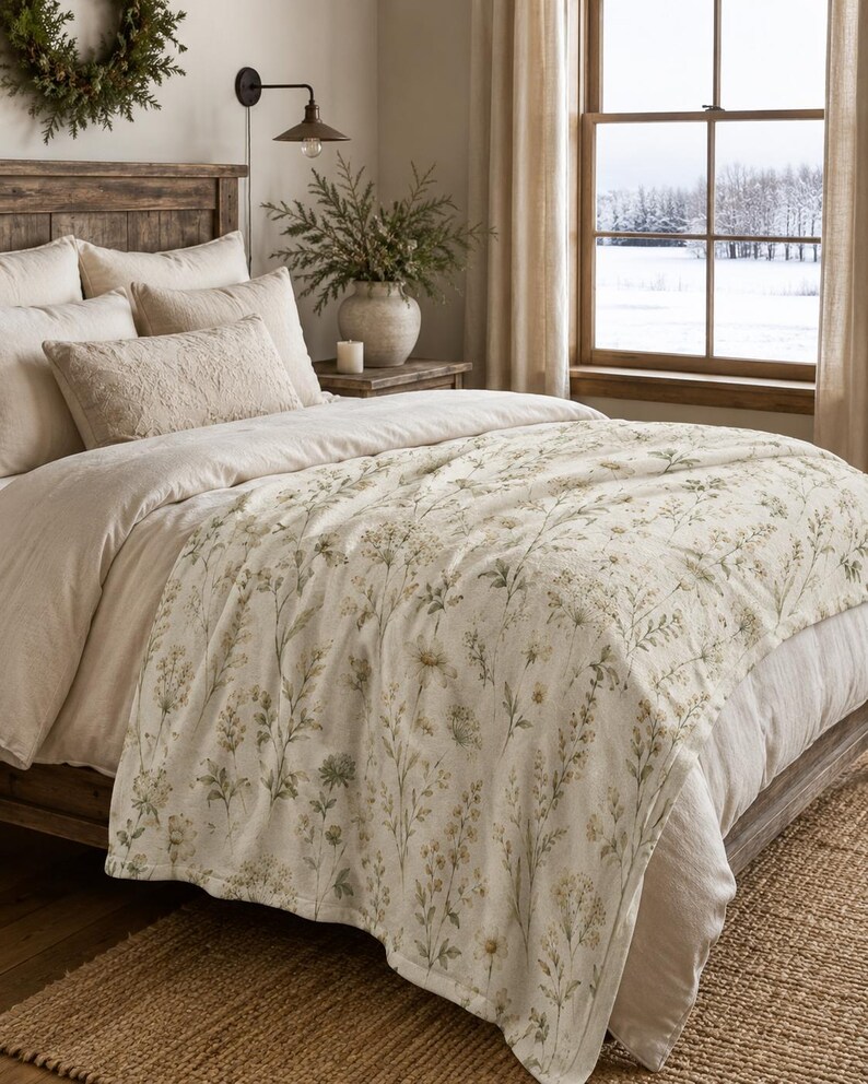 Bedroom:
Field sage and cream wildflower blanket draped across a rustic farmhouse bed with neutral bedding and natural wood furniture.