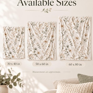 Size guide graphic for the Field Sage and Cream plush blanket showing three available sizes: 30 x 40 inches, 50 x 60 inches, and 60 x 80 inches.