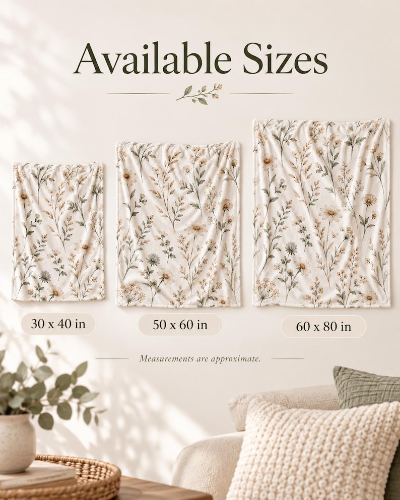 Size guide graphic for the Field Sage and Cream plush blanket showing three available sizes: 30 x 40 inches, 50 x 60 inches, and 60 x 80 inches.