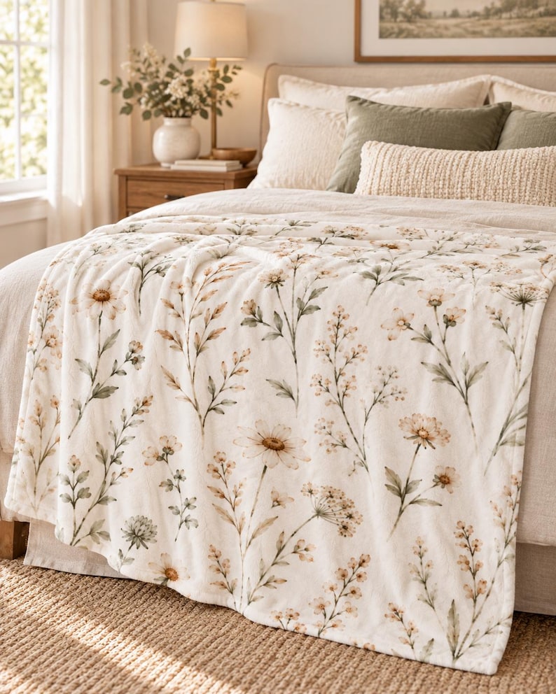 Field Sage and Cream plush blanket styled across the foot of a neutral bed, showing the soft botanical floral print in a warm, cozy bedroom setting.