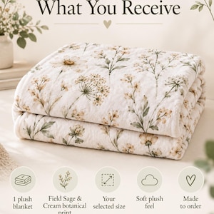 What You Receive graphic for the Field Sage and Cream plush blanket, showing a folded blanket and noting one plush blanket, botanical print, selected size, soft plush feel, and made-to-order production.