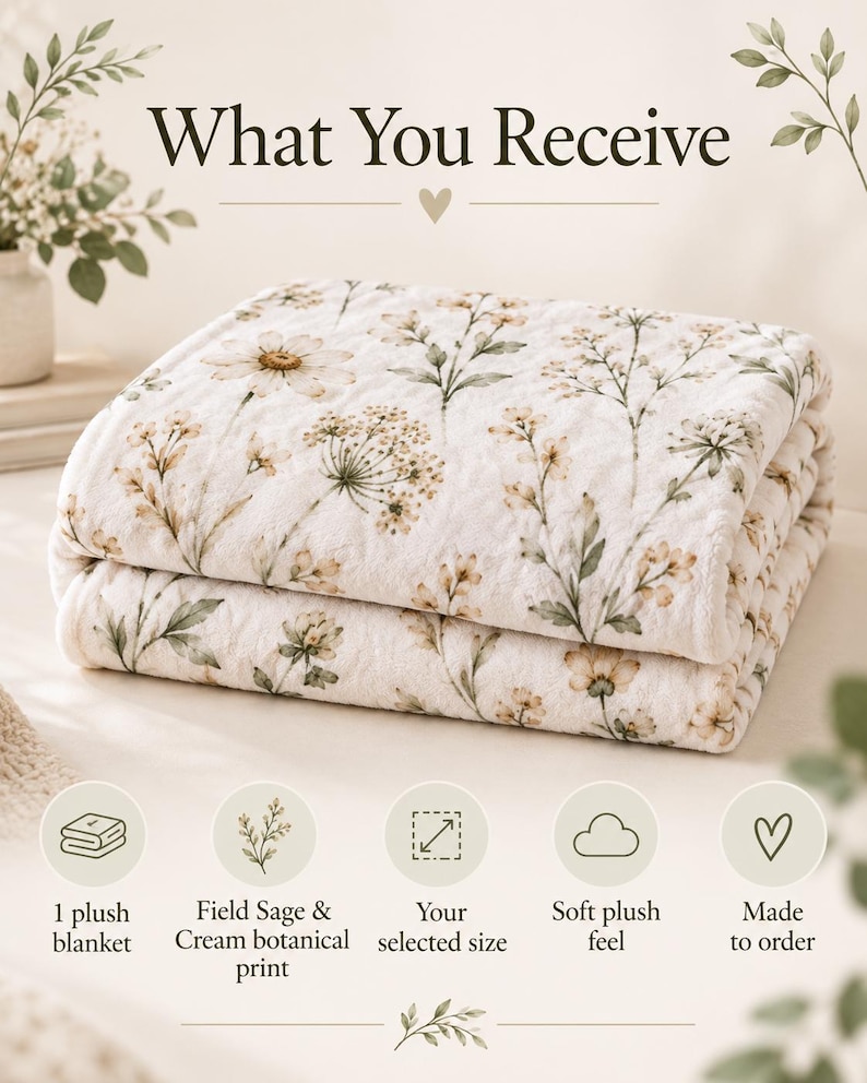 What You Receive graphic for the Field Sage and Cream plush blanket, showing a folded blanket and noting one plush blanket, botanical print, selected size, soft plush feel, and made-to-order production.