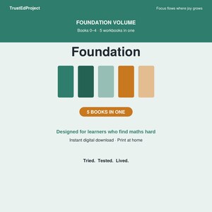 Könnte beinhalten: Ein digitales Arbeitsbuch-Cover mit dem Titel Foundation Volume, das fünf vertikale Farbblöcke in Grün, Petrol, Hellblau, Orange und Beige zeigt. Der Text lautet 5 BOOKS IN ONE, Designed for learners who find maths hard, Instant digital download und Tried. Tested. Lived.