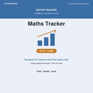May include: A digital Maths Tracker document featuring a blue header with the text TrustedProject and Focus flows where joy grows. The page includes the title Maths Tracker, a bar chart with an upward arrow, a button labeled RATE CLIMB, and text.