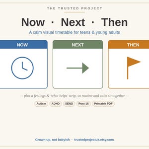 May include: A visual timetable titled The Trusted Project Now Next Then for teens and young adults. It features three colored boxes labeled Now, Next, and Then with icons of a clock, an arrow, and a flag. Includes text for Autism, ADHD, SEND, Post-16, and Printable PDF.