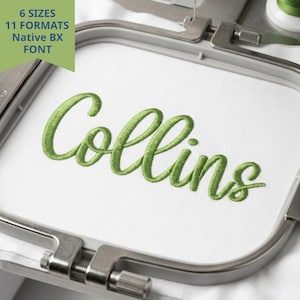 May include: A white fabric square secured in a metal embroidery hoop featuring the green stitched name Collins in a cursive script. A green banner in the upper left corner displays the text 6 SIZES 11 FORMATS NATIVE BX FONT.