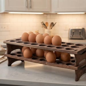 May include: A two-tiered dark brown wooden egg holder featuring multiple circular cutouts for storing eggs. The structure is rectangular with arched side supports, holding several light brown eggs on both the top and bottom levels.