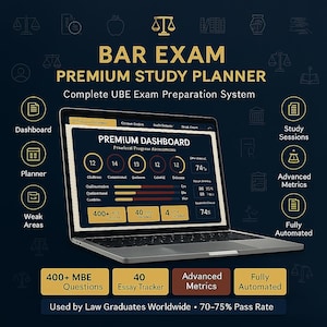May include: A laptop displaying a Bar Exam Premium Study Planner dashboard with progress metrics, surrounded by icons and text including 400+ MBE Questions, 40 Essay Tracker, Advanced Metrics, and Fully Automated, set against a dark blue background.