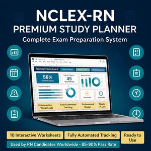 May include: A laptop displaying an NCLEX-RN Premium Study Planner dashboard with charts, progress bars, and data fields. The screen shows text including 56% Overall Progress, 10 interactive worksheets, and fully automated tracking on a dark blue background.