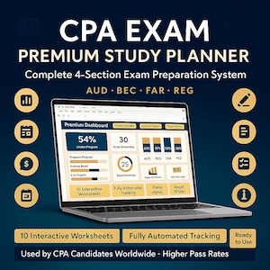 Puede incluir: Un planificador de estudios premium para el examen CPA en una pantalla de portátil, con un panel de control que muestra gráficos de progreso, secciones AUD, BEC, FAR, REG y herramientas de seguimiento automatizado sobre fondo azul oscuro.