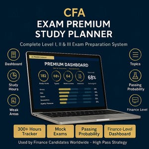 Puede incluir: Un ordenador portátil que muestra un panel de control CFA Exam Premium Study Planner con gráficos y datos. El texto incluye CFA EXAM PREMIUM STUDY PLANNER, PREMIUM DASHBOARD, 300+ Hours Tracker, Mock Exams, Passing Probability y Finance-Level Dashboard.