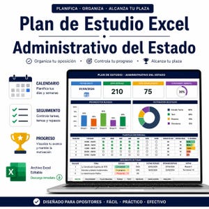 Può includere: Uno schermo di computer portatile che mostra un piano di studio Excel per esami amministrativi statali. La dashboard include un calendario, grafici di progresso, una pianificazione settimanale e un tracciatore di temi. Testo: Plan de Estudio.